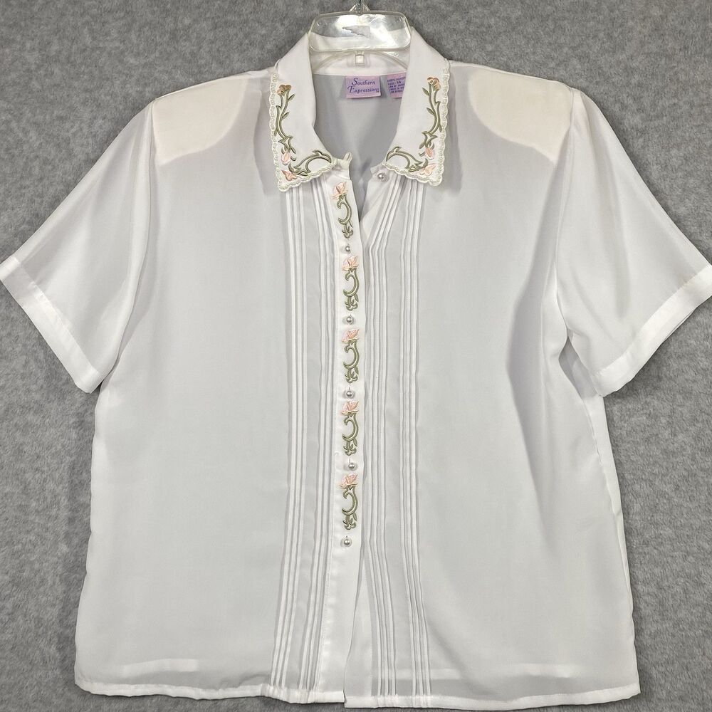 Southern Expressions White Embroidered Floral Pearl Collar Womens Blouse Sz 14